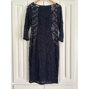 Marina Navy Blue 3/4 Sleeve Floral Lace Midi Dress Wedding Formal Size 8